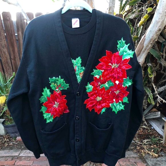 Jerzees Sweaters - Vintage Poinsettia Cardigan w/single stitched tshirt